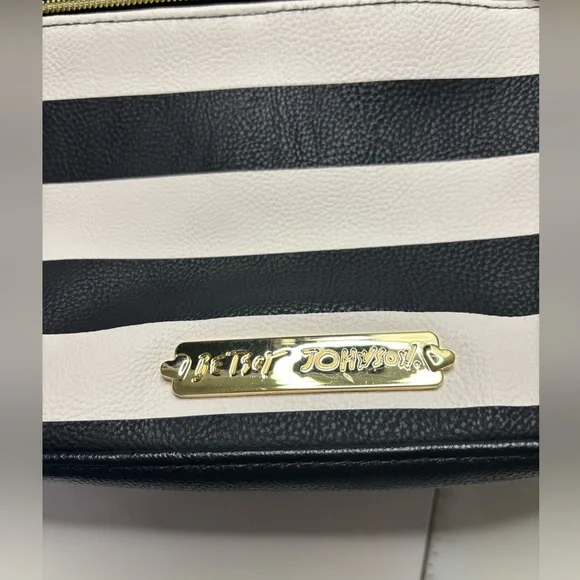Betsey Johnson Striped Purse Handbag Satchel Pink Bow Black White Stripes - Picture 2 of 8